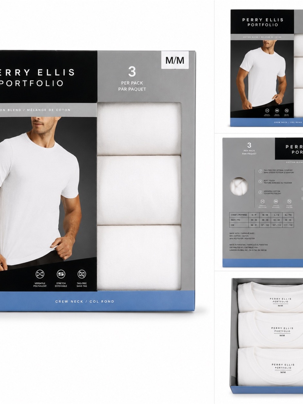 Perry Ellis White Crew Neck Undershirts 3-Pack Medium
